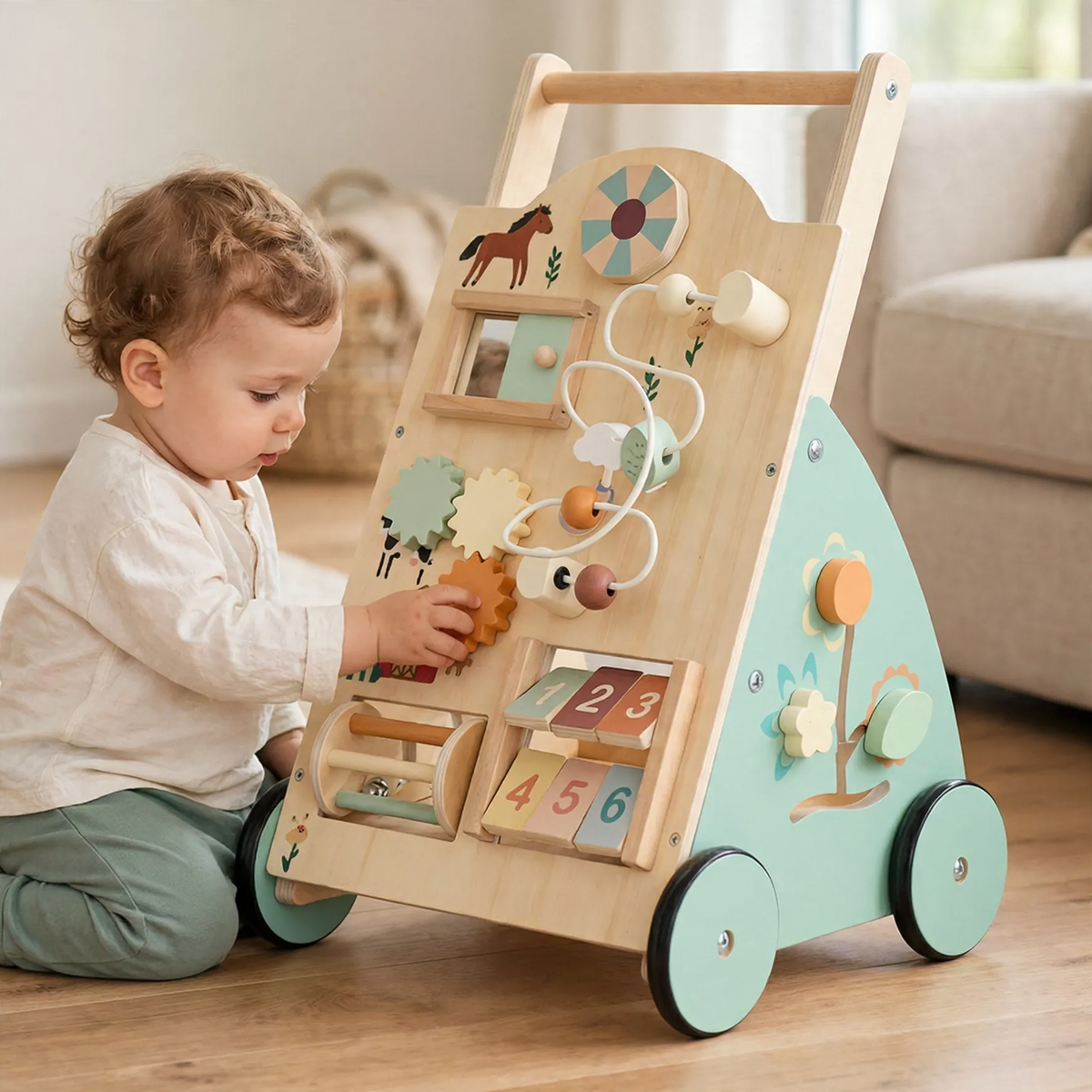 toddler turning the gears on a wooden activity walker