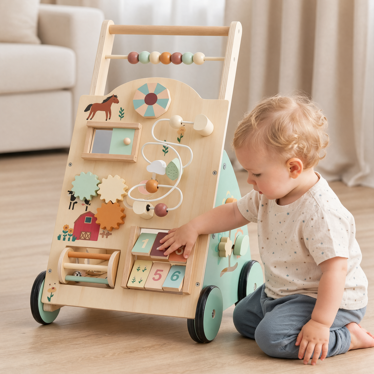 toddler flipping a number board on a wooden activity walker