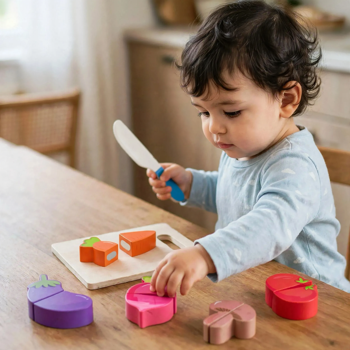 Toddler holding a wooden play knife and reaching for a vegetable on a cutting board