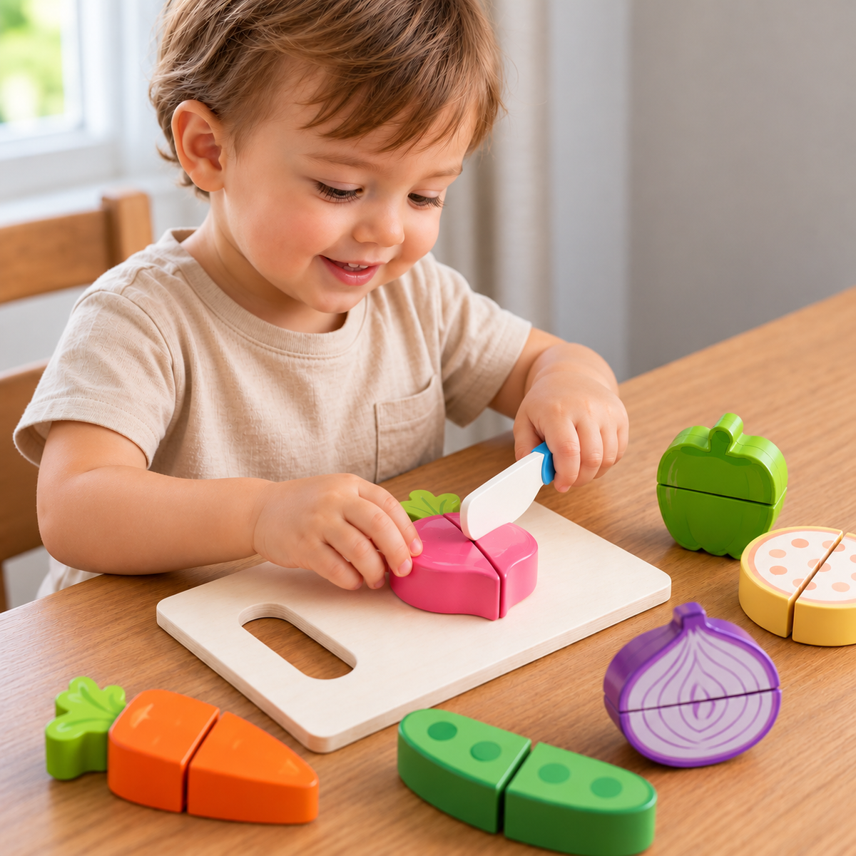 toddler using a wooden play knife to cut a pink wooden vegetable on a cutting board