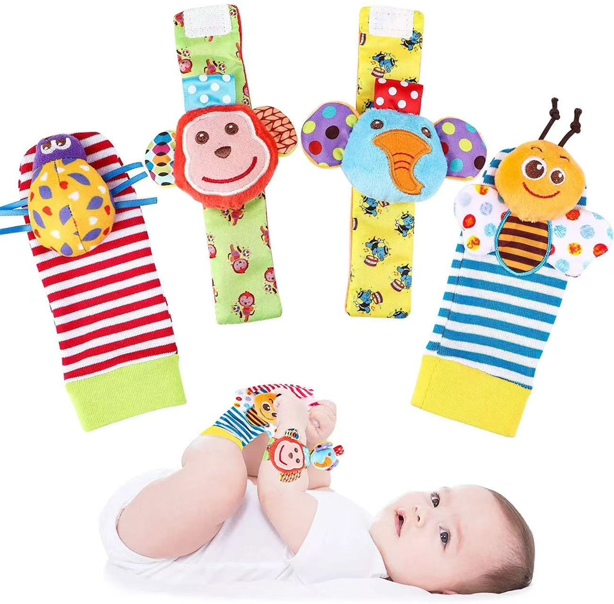 Baby wearing Rattle Sock and Wrist Rattl