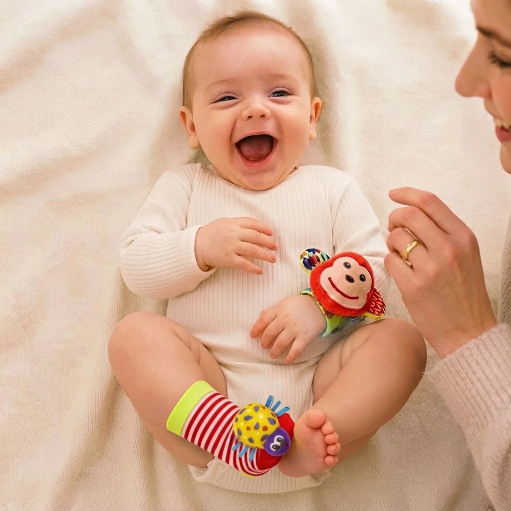 Baby smiling while wearing wrist foot rattle 