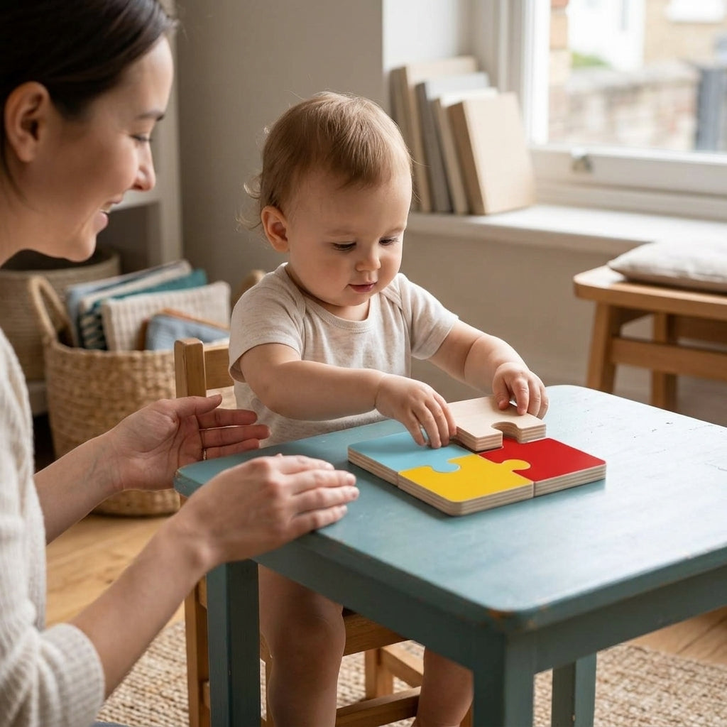 Toddler placing a puzzle piece at home with a parent nearby