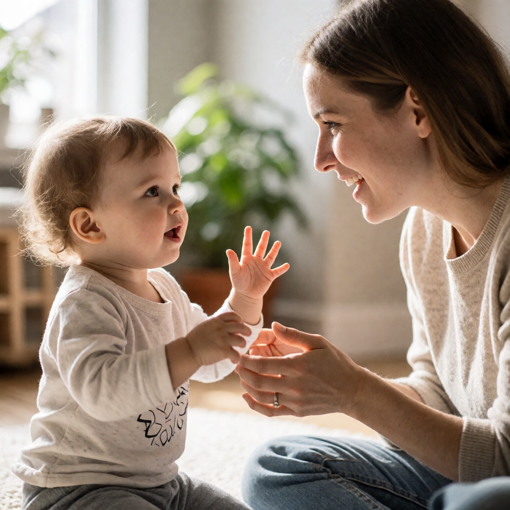 Toddler talking with a parent