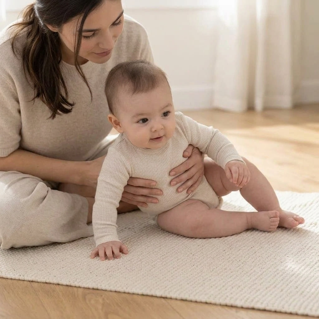 Baby practicing sitting with support during playtime